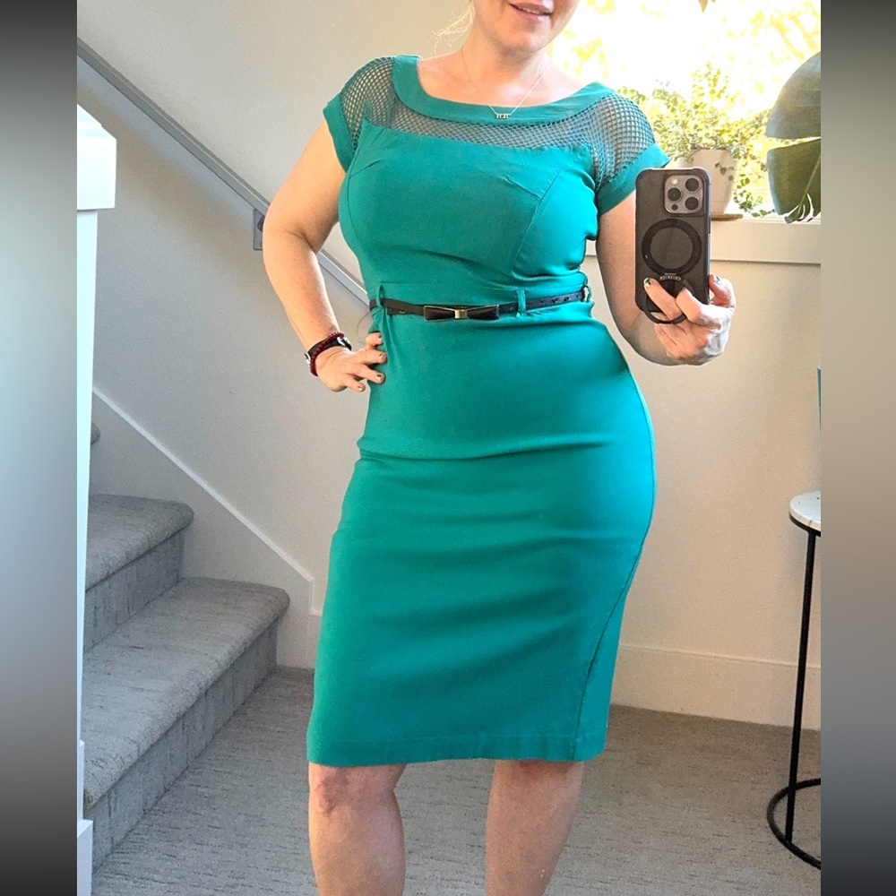 Bettie Page Tatyana Turquoise Mesh Wiggle Stretch Pencil Dress